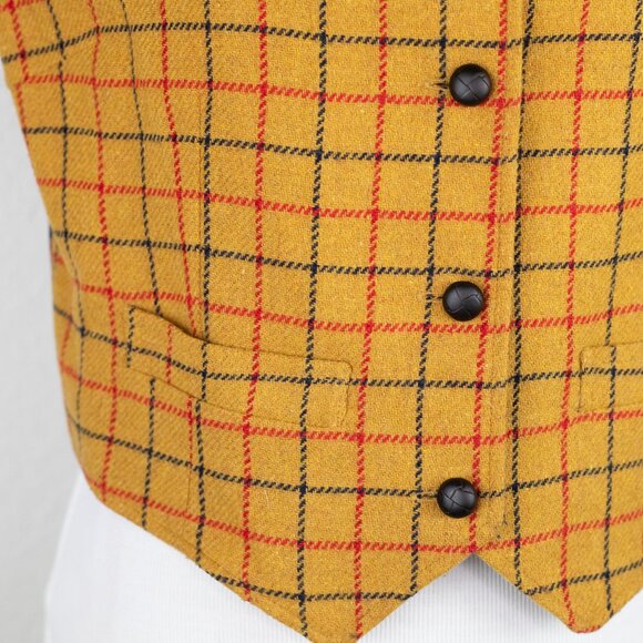 Vintage 90s GAP Mustard Plaid Wool Vest Unisex Medium Holiday Waistcoat - Picture 7 of 16